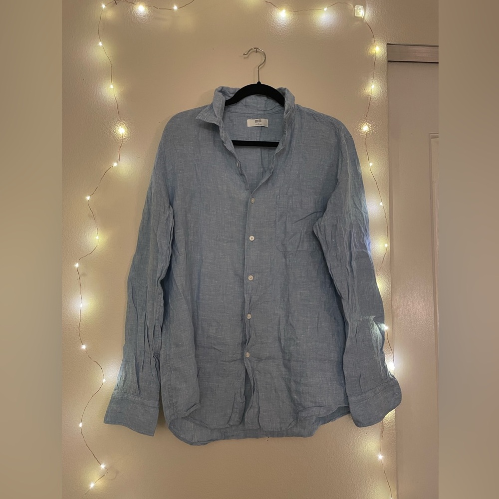 Uniqlo 100% Linen Light Blue Button Down Shirt